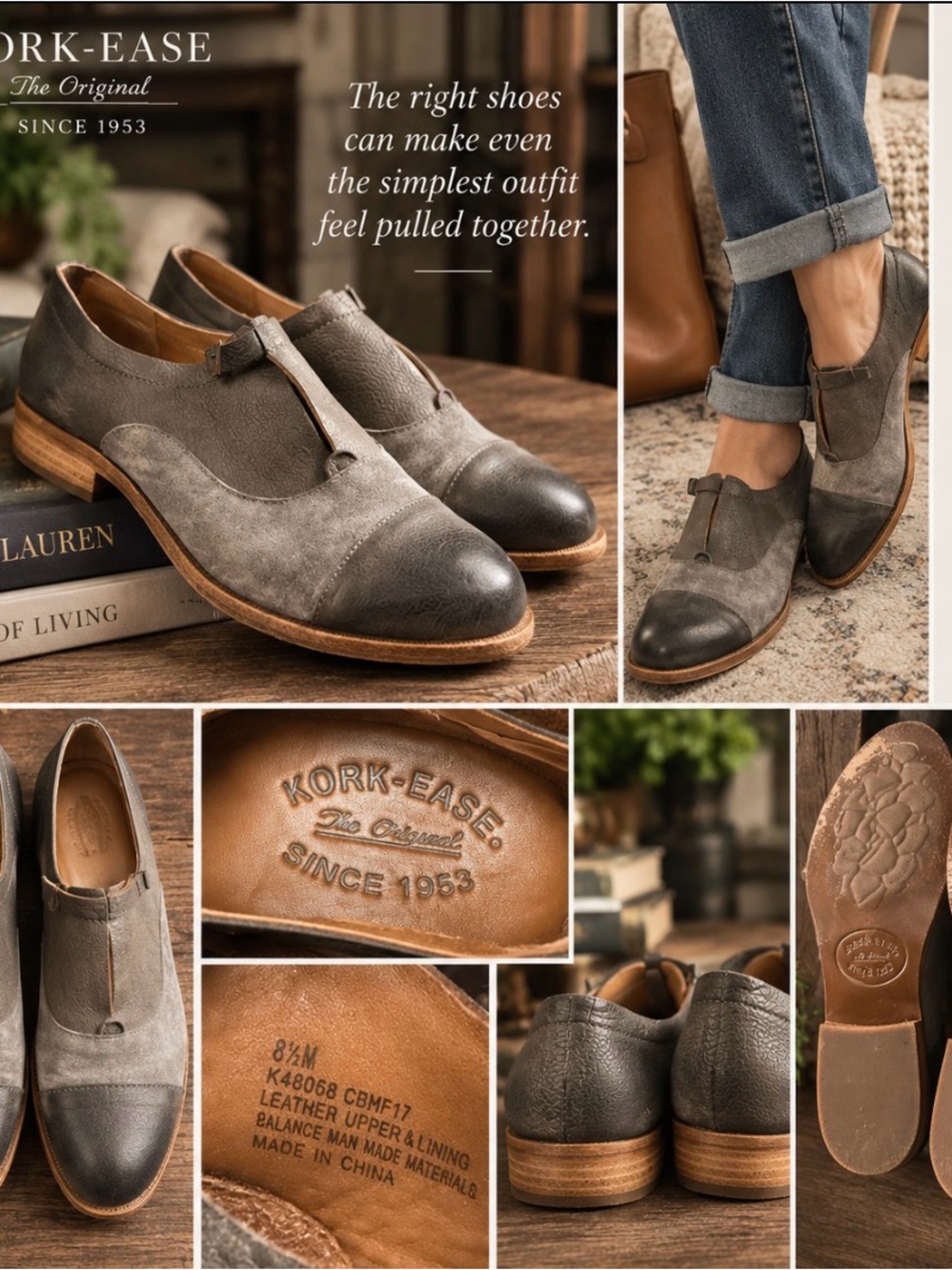 Women’s Kork-Ease Two-Tone Leather Oxford Shoes Gray Charcoal Size 8.5 M